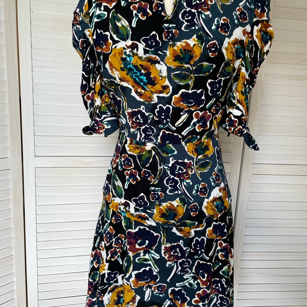 Free People Floral Dress Babydoll Flowy Rayon Sz 2 Short Sleeve Black Blue Green - Picture 4 of 7